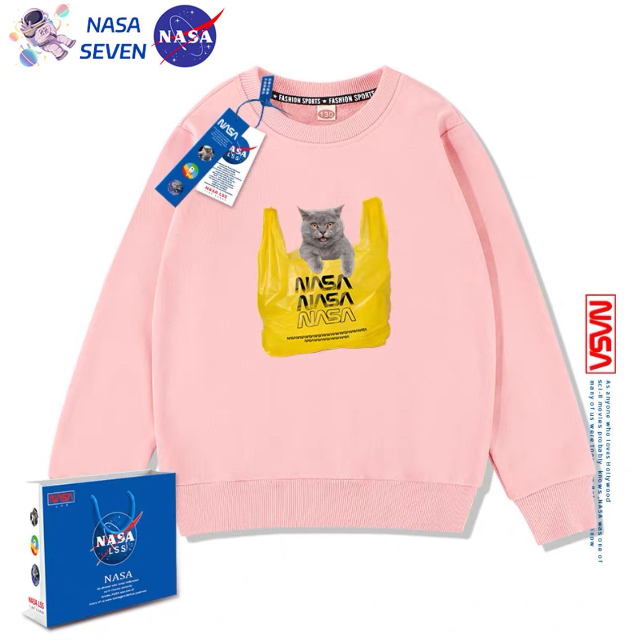 NASA co-branded cartoon kitten sweatshirt children's autumn pure cotton long-sleeved tops for boys and girls to wear foreign style children's clothing