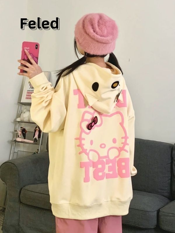 飛拉丹頓休閒可愛卡通凱蒂貓開衫拉鏈連帽衛衣男女寬鬆慵懶風外套