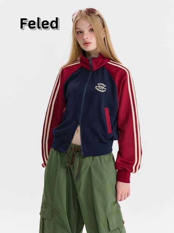Feila Denton American retro splicing striped stand-collar jacket men and women college style slim slim versatile trendy top