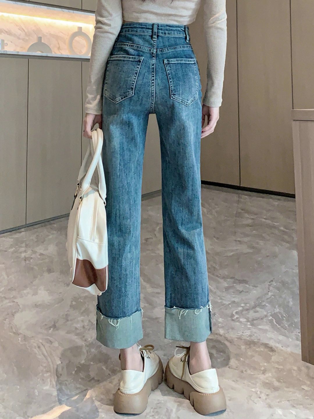 YSYOURS卷邊直筒牛仔褲女春秋高腰顯瘦小個子大碼翻邊九分煙管褲