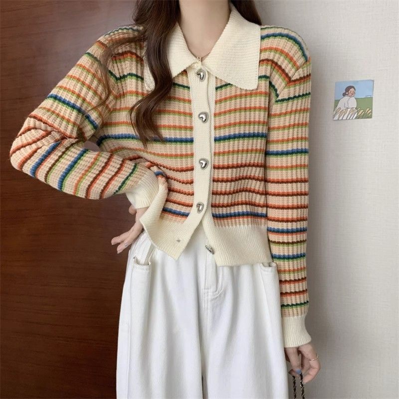 Autumn and winter knitted tops for women in spring and autumn  new sweaters for women design rainbow striped short coat cardigans