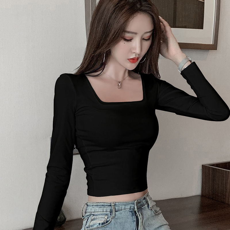 黑色短款上衣女方領長袖緊身性感t恤露臍修身高腰打底衫春秋內搭