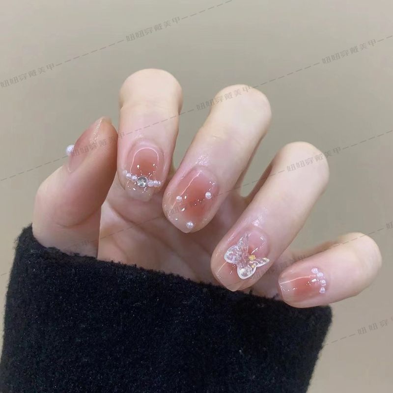 手工美甲穿戴甲純欲風烏梅子醬蝴蝶腮紅暈染學生美甲貼片可拆卸