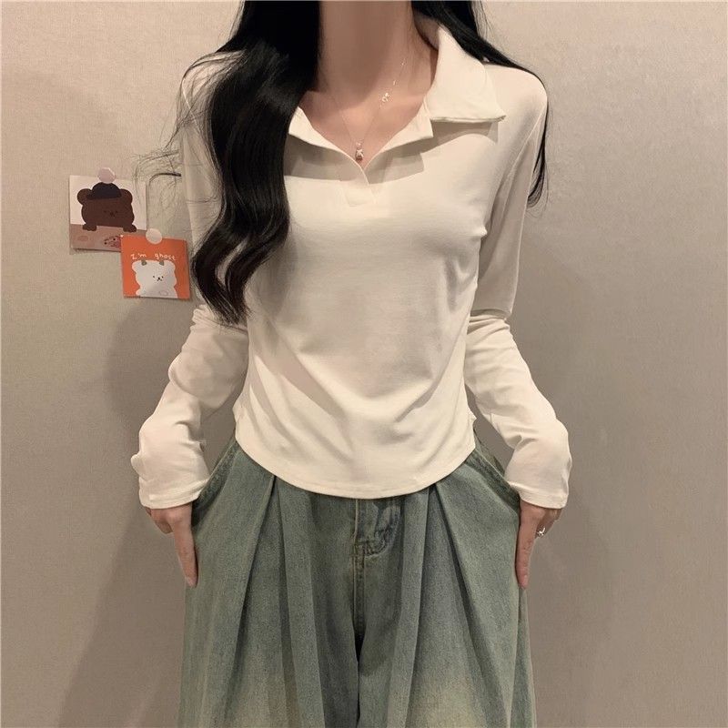 韓系簡約純色polo領純欲長袖T恤女秋季設計感修身外穿小個子上衣