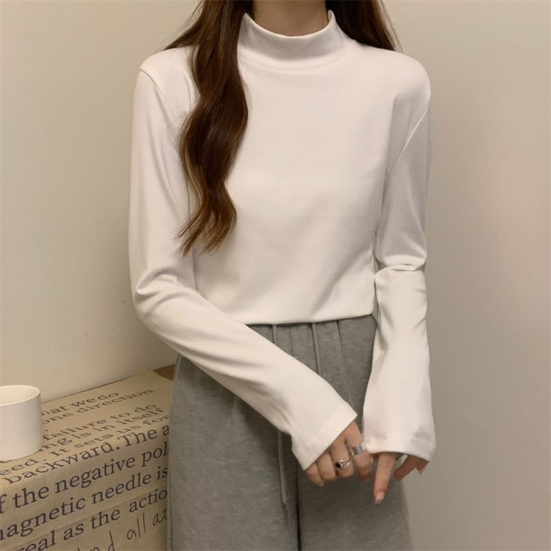 簡約百搭T恤2023秋季新款女裝休閒半高領打底衫內搭顯瘦長袖上衣
