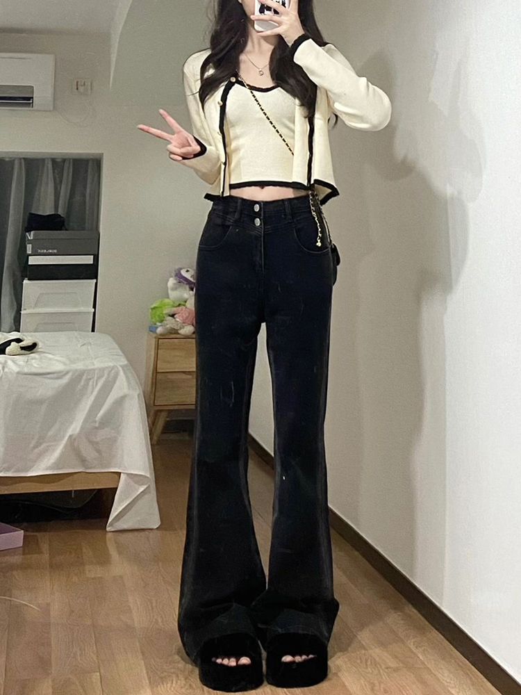 黑色修容微喇叭牛仔褲女秋季新款高腰寬鬆顯瘦百搭直筒拖地褲子潮