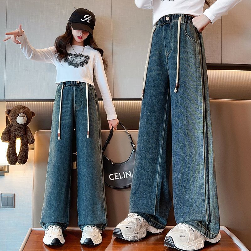 女童牛仔褲春秋2023新款洋氣大童時尚百搭秋季闊腿褲兒童秋裝褲子