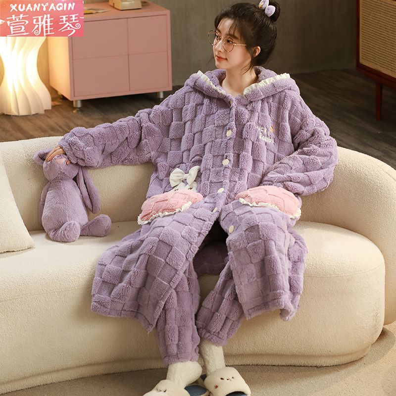 中长款米老鼠睡衣女秋冬季珊瑚绒加绒加厚卡通可爱睡袍学生可外穿