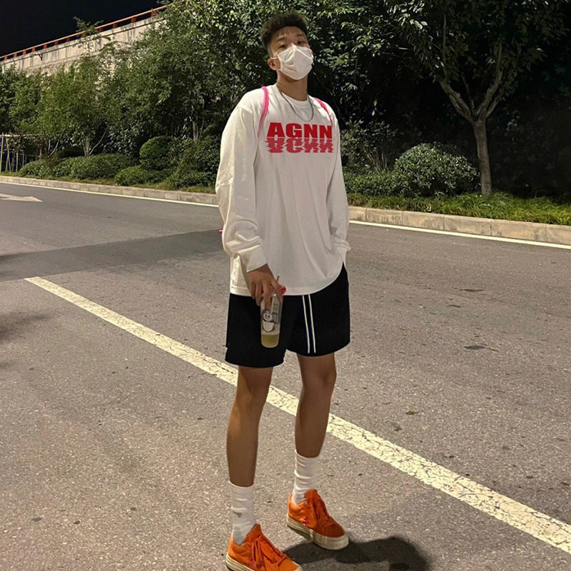 美式街頭風高街字母印花純棉長袖T恤男秋季寬鬆情侶百搭上衣男潮