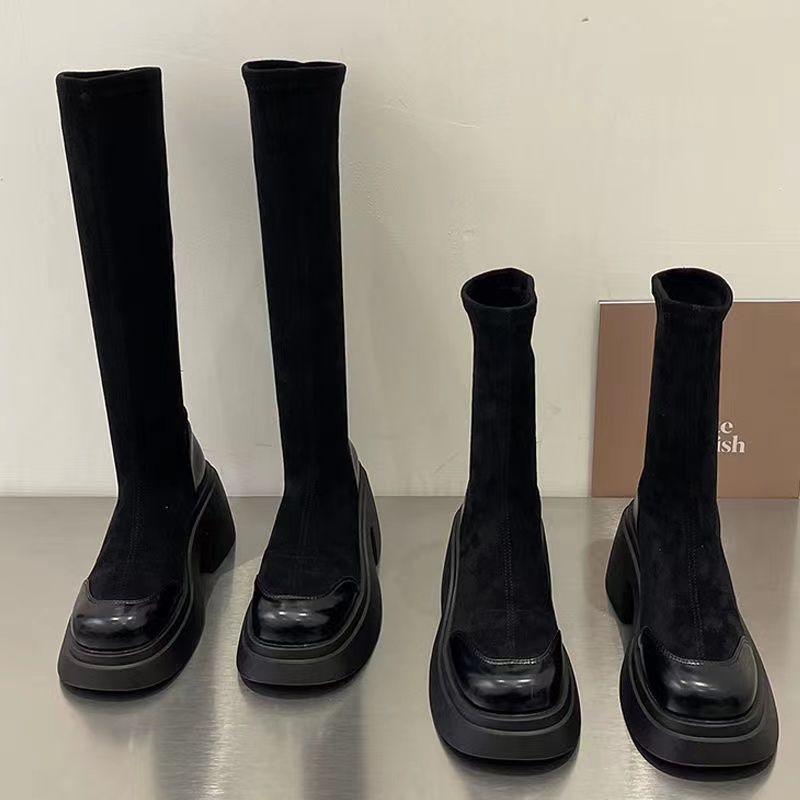Long boots for women 2023 autumn and winter new style French fashion versatile thick heel increase foreign style elastic slim boots short boots