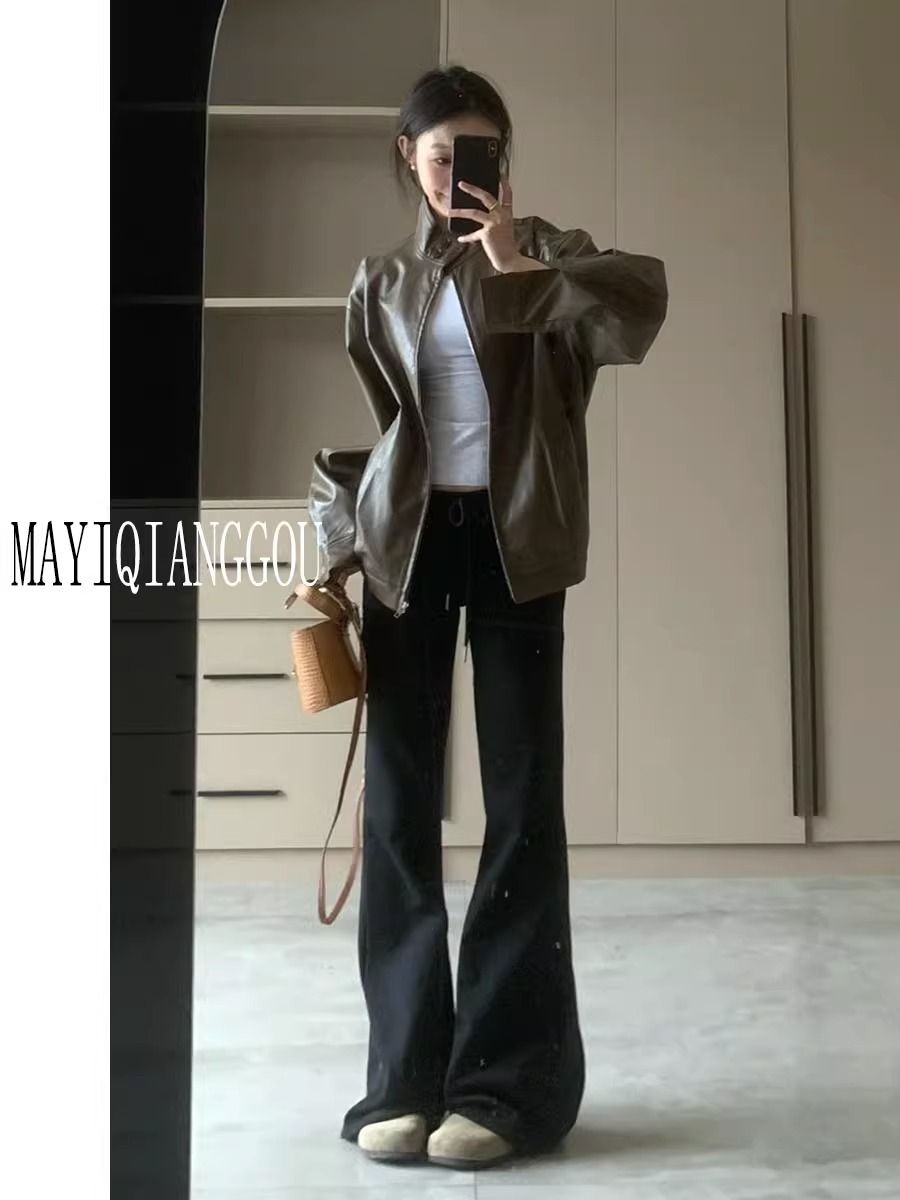 175高個子復古黑色休閒衛褲女秋季顯瘦百搭運動抽繩微喇叭顯瘦褲