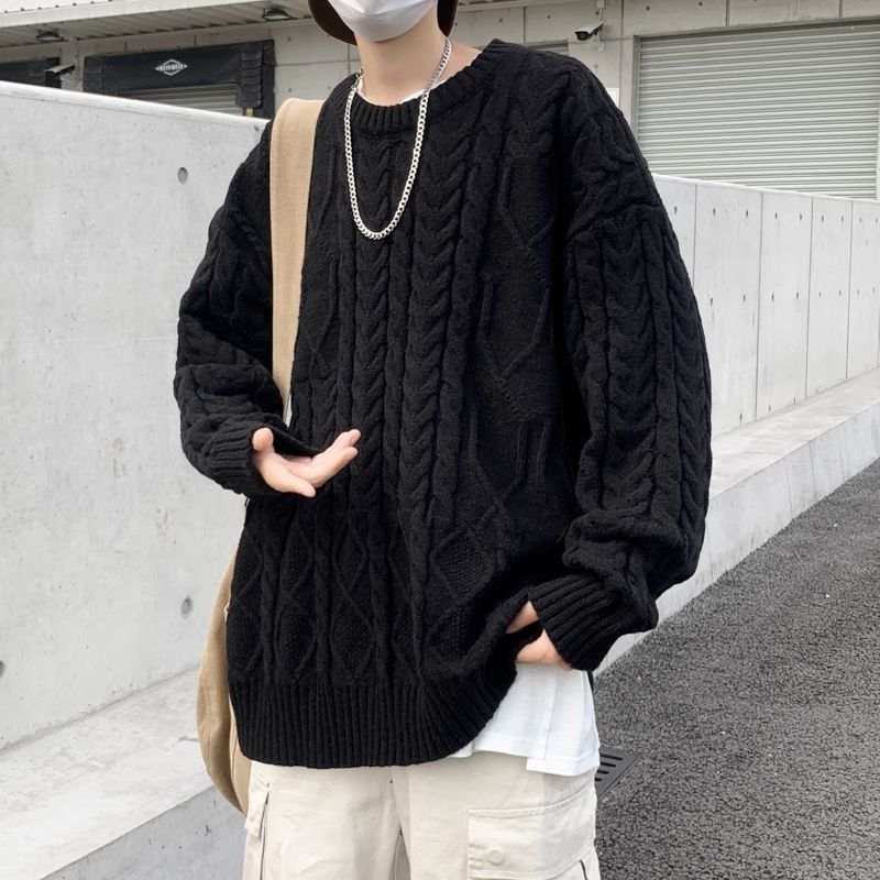日系麻花毛衣男士秋季寬鬆圓領內搭針織衫潮流慵懶風情侶線衣外套