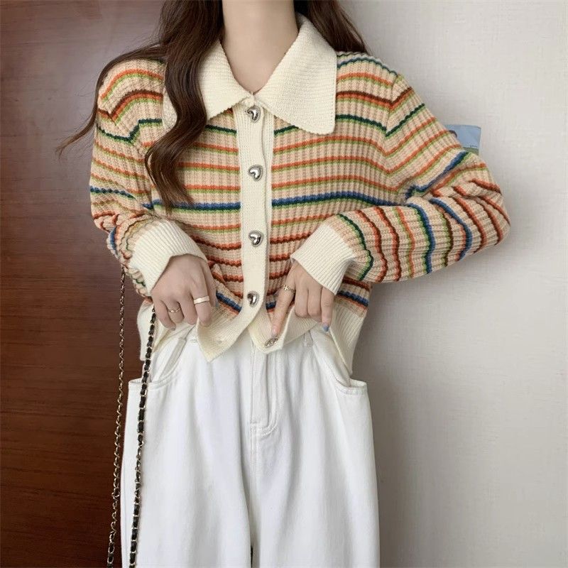 Autumn and winter knitted tops for women in spring and autumn  new sweaters for women design rainbow striped short coat cardigans