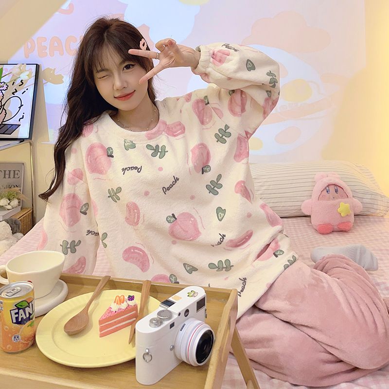 珊瑚絨睡衣女秋冬季加厚家居服可愛卡通法蘭絨學生少女可外穿套裝