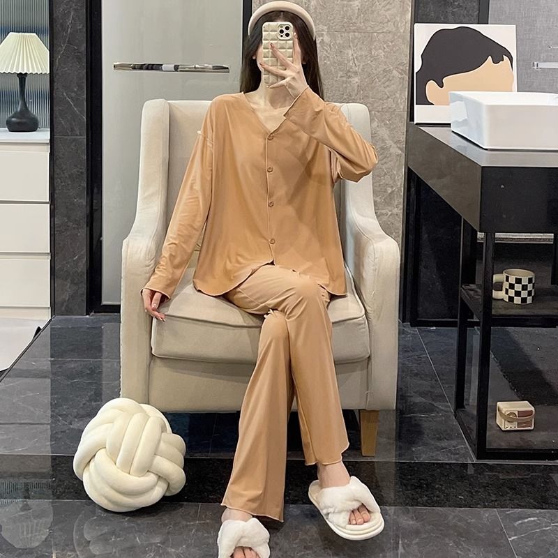 韓國ins長袖開衫睡衣女春秋季仿棉學生宿舍簡約棕色兩件套家居服