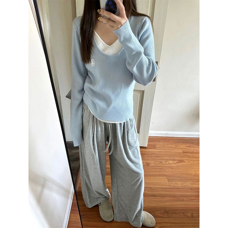 慵懶風藍色假兩件針織衫長袖t恤女春秋韓版小眾內搭百搭顯瘦上衣