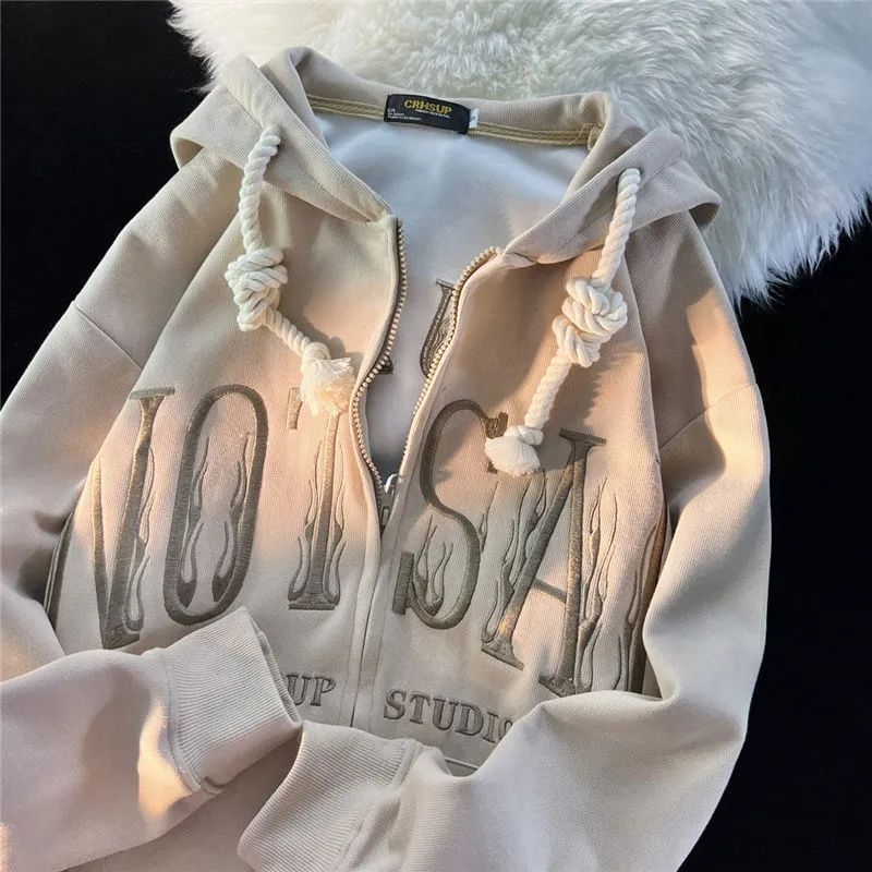 外貿尾單純棉美式簡約刺繡開衫外套女ins潮秋冬新款寬鬆連帽衛衣