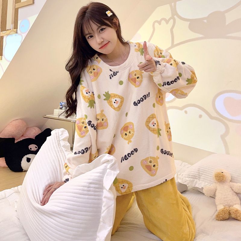 睡衣女珊瑚絨冬季加厚卡通ins寬鬆可愛學生少女生外穿套裝家居服