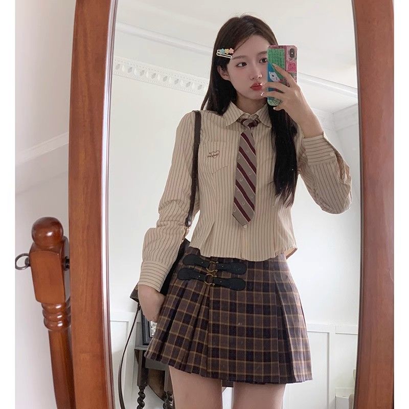 日系學院風收腰jk條紋長袖襯衫女2023秋季新款修身顯瘦甜辣上衣
