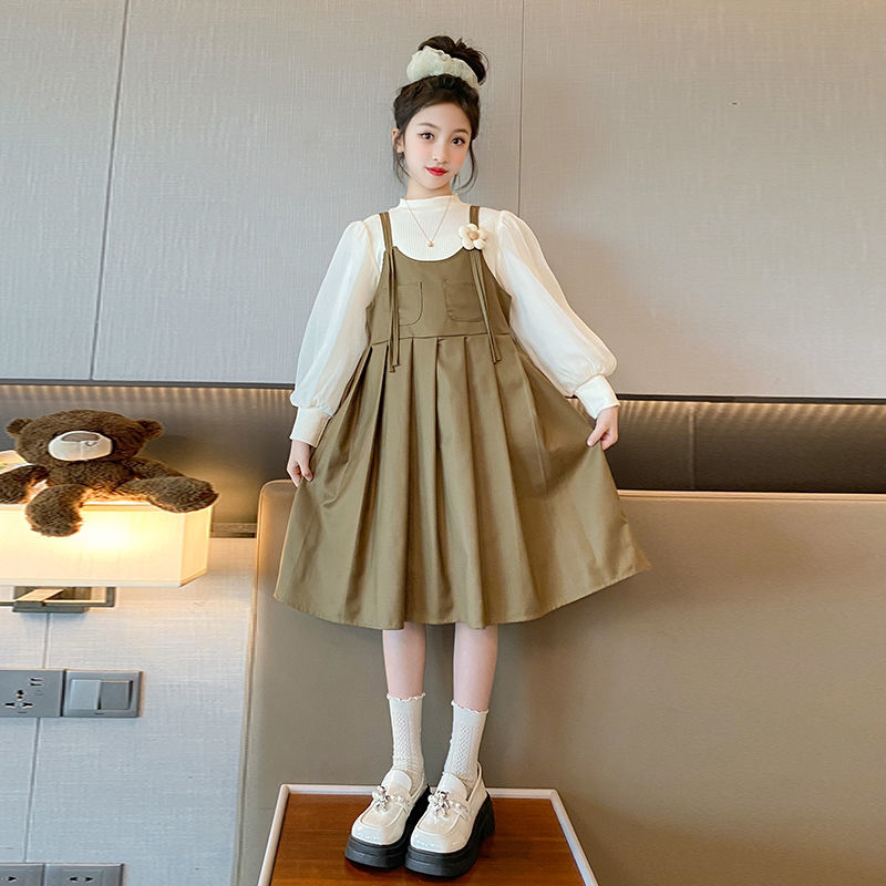 Girls Autumn Dresses 2023 New Style Children's Fashionable Autumn Girls Fake Two-piece Dresses