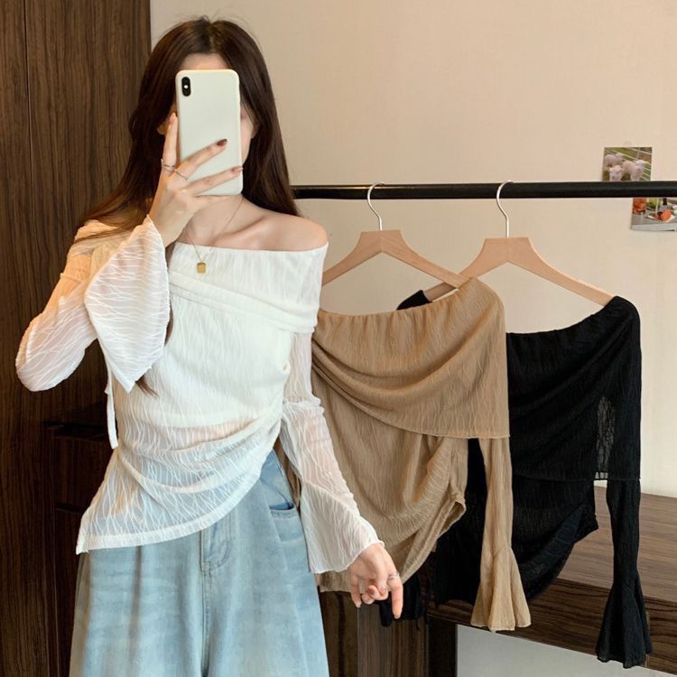 t恤女法式高級感小眾不規則一字肩設計秋季新款修身顯瘦長袖上衣