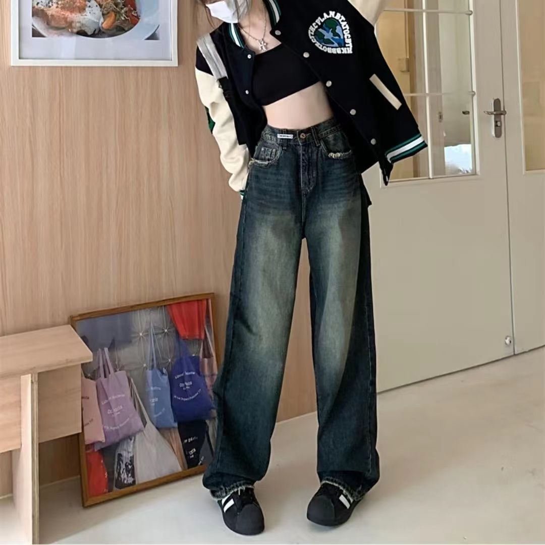 設計感闊腿牛仔褲女2023年新款寬鬆顯瘦高腰梨形身材垂感闊腿長褲