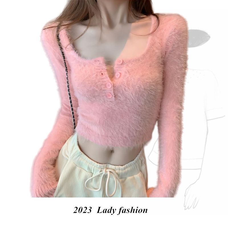 超溫柔的粉色毛衣女秋冬2023新款復古法式高腰露臍方領水貂絨上衣
