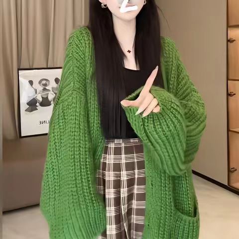 韓系軟糯慵懶風燈籠袖毛衣開衫女秋冬美拉德穿搭寬鬆針織衫外套厚