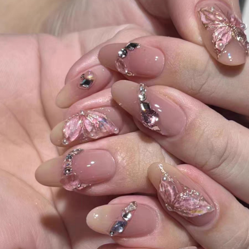 【Nail家】蝴蝶閃鑽手工貼片成品美甲高級感顯白新娘甲孕婦穿戴甲