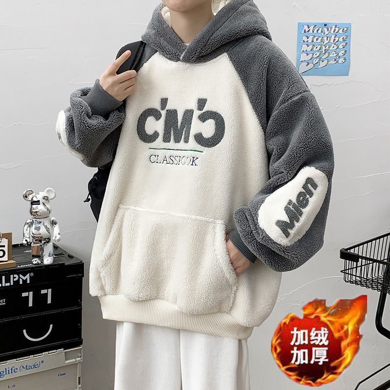 秋冬港風加絨加厚羊羔絨衛衣男撞色拼接連帽外套ins潮流棉服帽衫