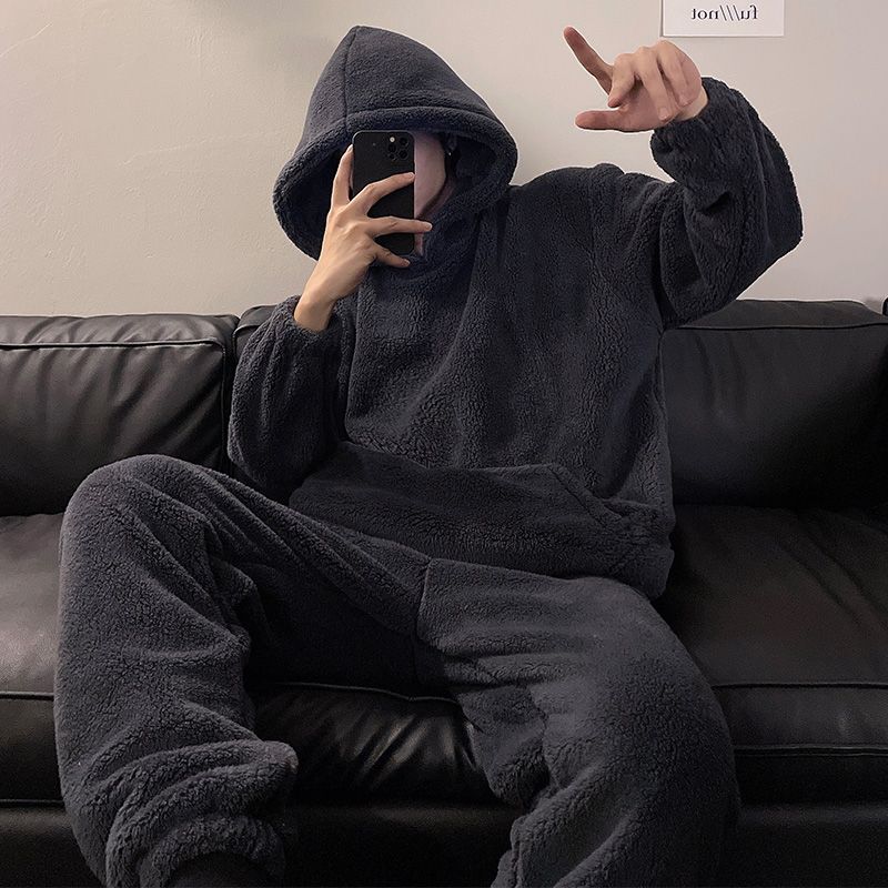 睡衣冬季男士學生加厚加絨珊瑚絨套裝寬鬆法蘭絨保暖家居服可外穿