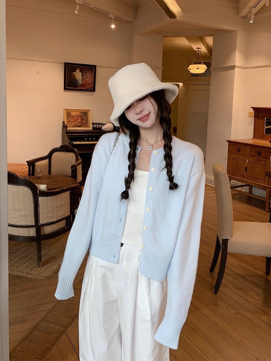 時尚潮流藍色開衫毛衣外套女2023秋新款設計感針織衫軟糯上衣外套