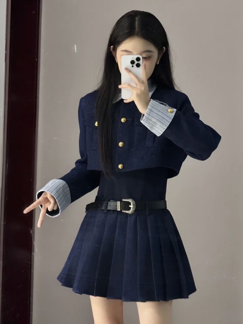 秋季新款女裝套裝學院小香風短外套連衣裙子兩件套秋裝搭配一整套