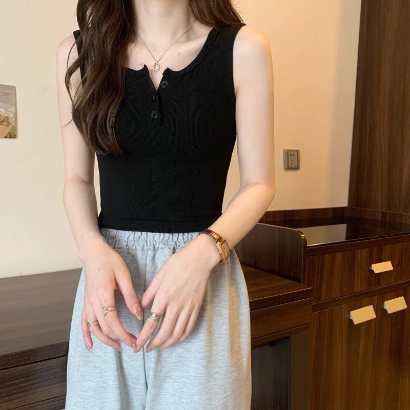 美背吊帶背心女裝2023新款秋季爆款外穿韓版簡約紐扣百搭顯瘦上衣
