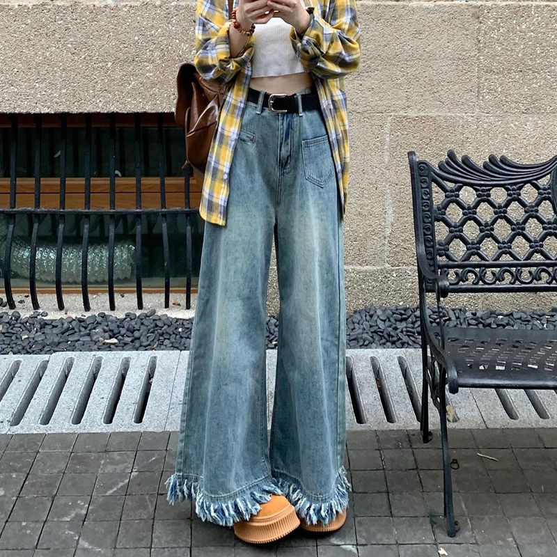 美式辣妹做舊復古毛邊大闊腿牛仔褲女小個子高腰顯瘦垂感直筒長褲