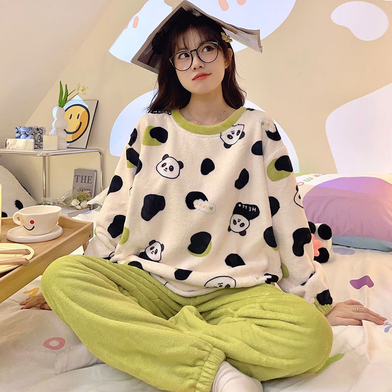 珊瑚絨秋冬季睡衣女可愛學生少女加厚卡通可外穿家居服法蘭絨套裝