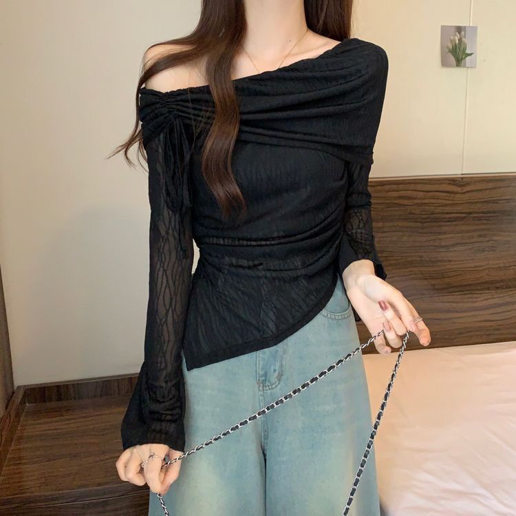 一字領露肩長袖T恤女2023秋季設計感小眾洋氣修身顯瘦別致上衣服