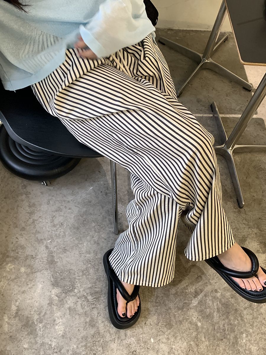 經典復古豎條紋褲子女夏季新款小個子寬鬆顯瘦休閒褲直筒闊腿長褲