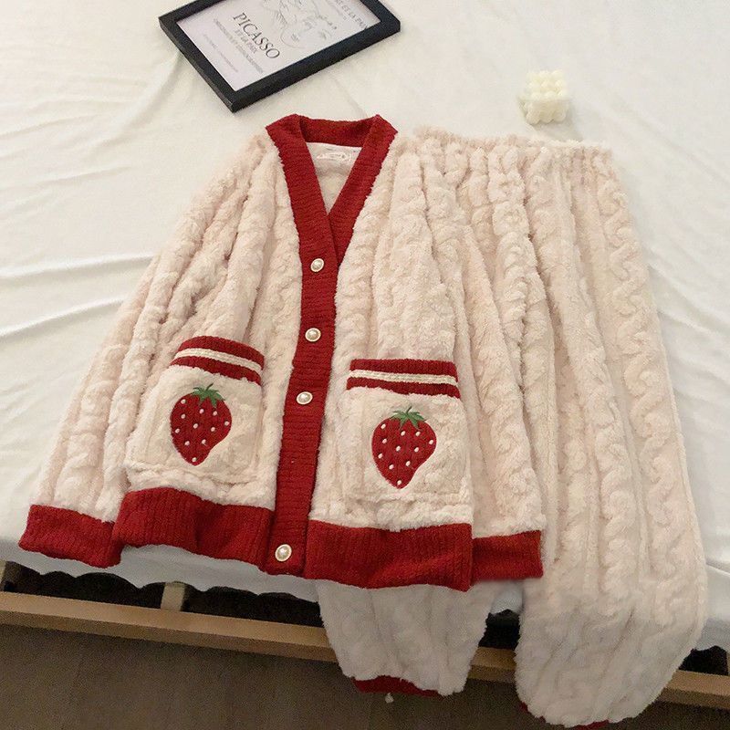 秋冬季珊瑚絨睡衣女加絨加厚可外穿法蘭絨網紅爆款家居服保暖套裝