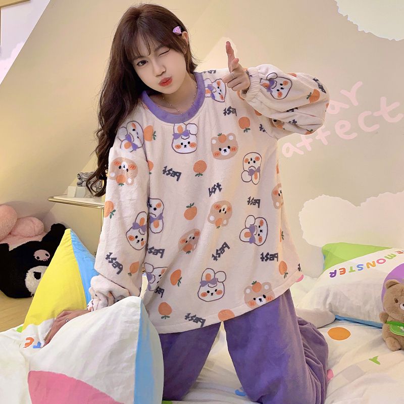 珊瑚絨睡衣女秋冬季加絨加厚家居服可愛卡通法蘭絨宿舍可外穿套裝
