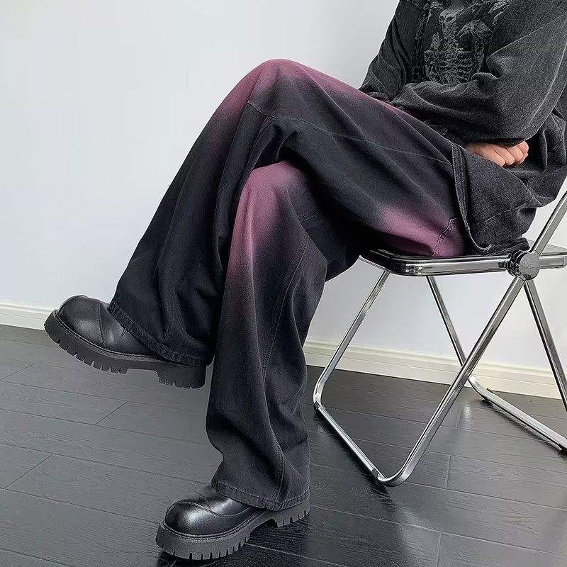闊腿牛仔褲男秋季美式高街vibe塗鴉水洗痞帥潮牌寬鬆直筒休閒長褲