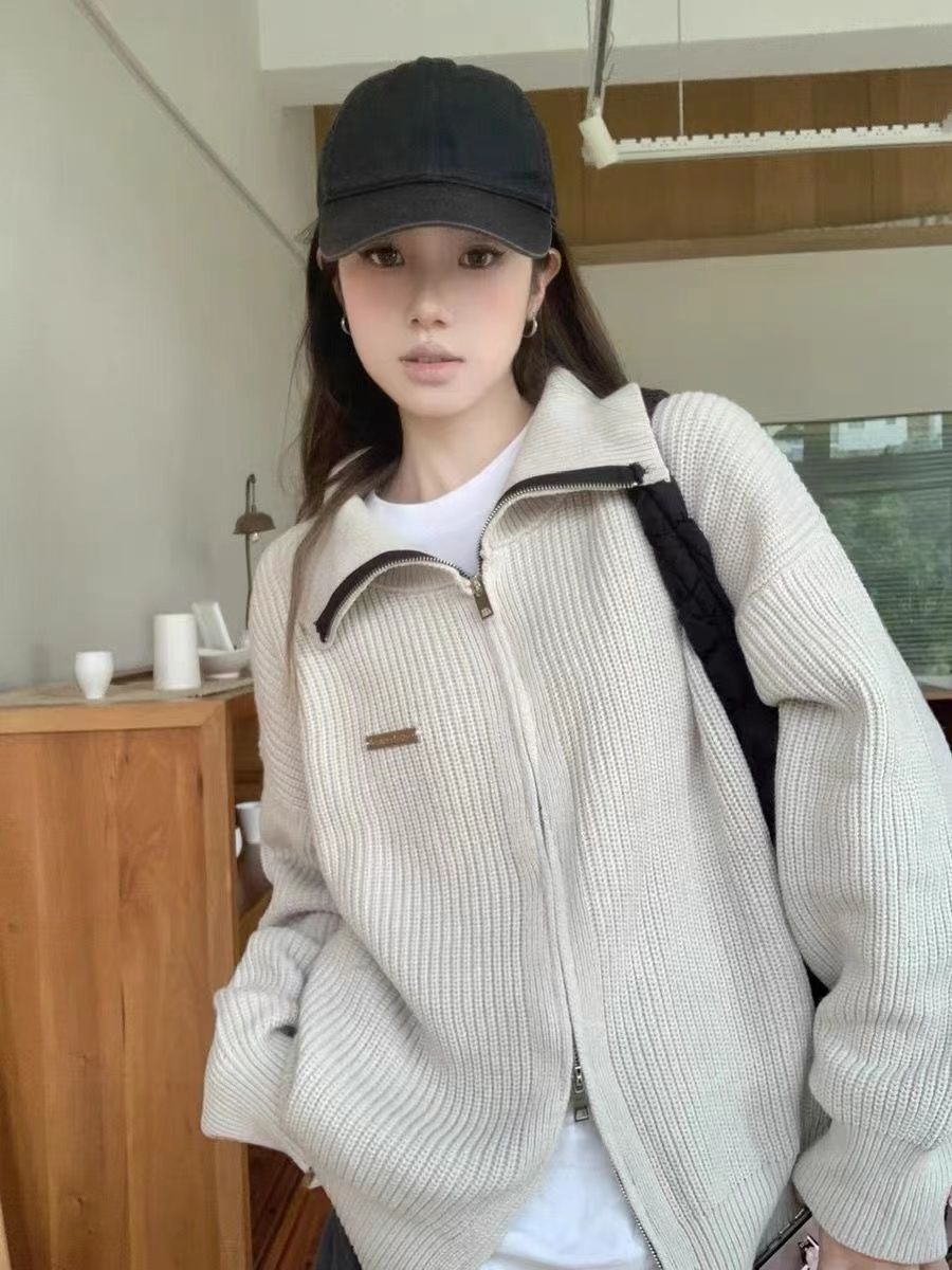 設計感小眾慵懶風灰色針織開衫早秋冬外搭寬鬆毛衣外套長袖上衣女