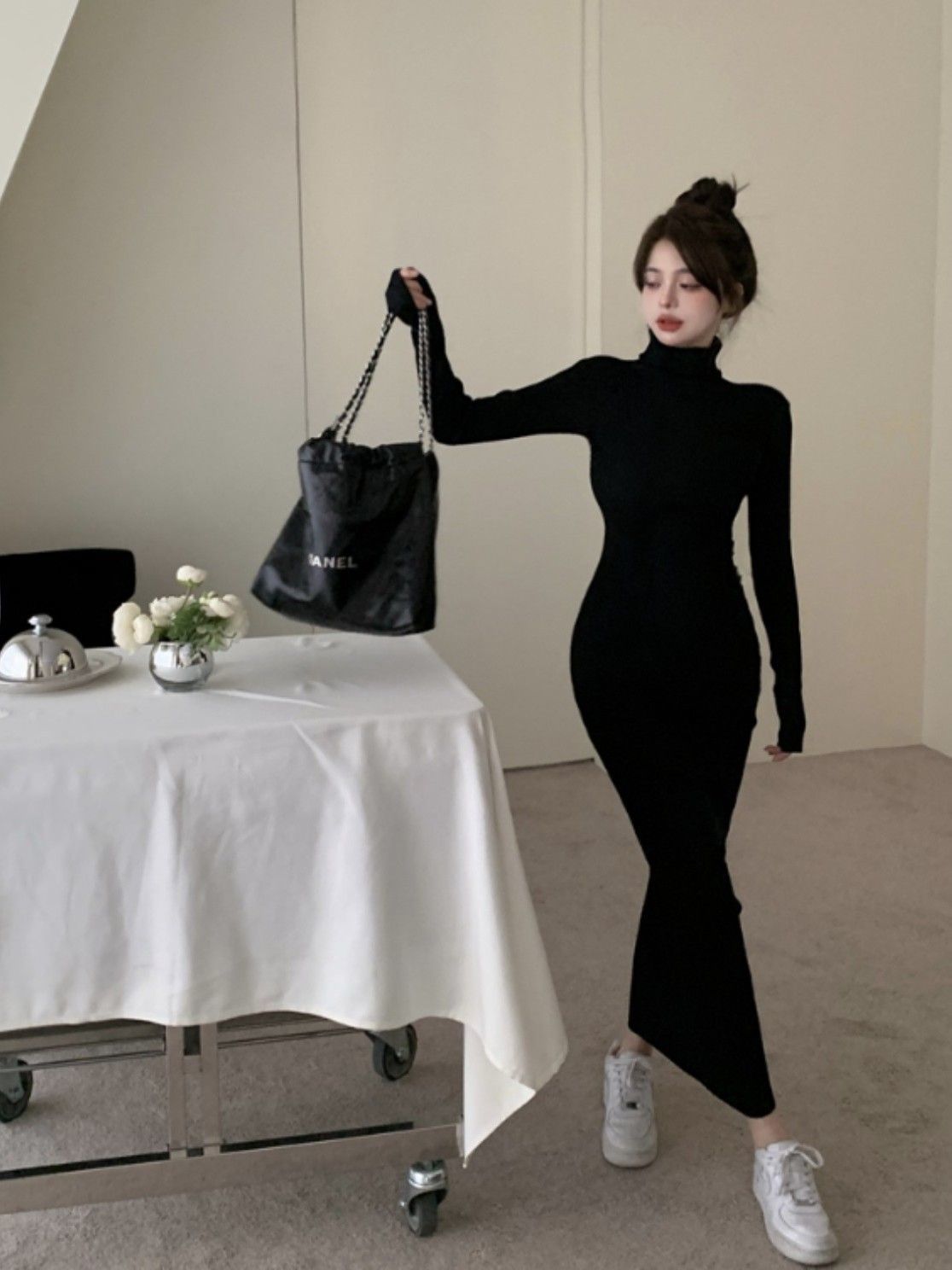New pure black high-neck ankle length skirt slimming slim temperament long-sleeved dress women's autumn super long knitted skirt