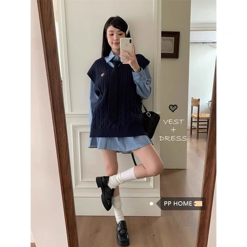 PPHOM少女信件~學院風疊穿針織馬甲+中長款條紋襯衫裙時尚兩件套