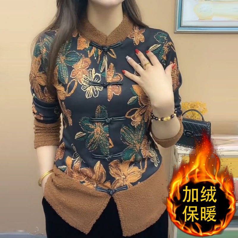 中国风加绒盘扣打底衫时尚休闲复古中老年女装减龄款妈妈装上衣
