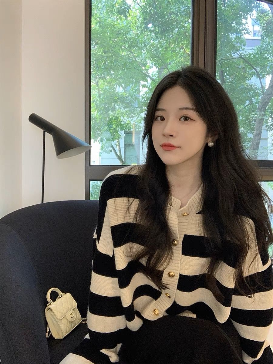 MINETTE早秋撞色條紋寬鬆針織開衫女長袖氣質休閒薄款毛衣外套