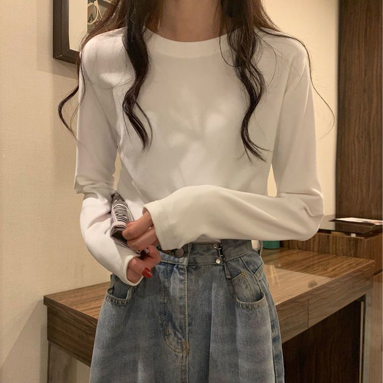 雙面磨毛髮熱德絨長袖上衣純色圓領打底衫女秋冬內搭百搭修身t恤