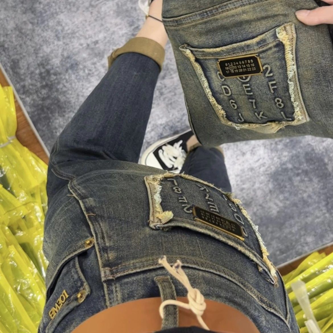 秋季復古垮褲女字母刺繡小金標哈倫牛仔褲高腰寬鬆九分顯瘦老爹褲