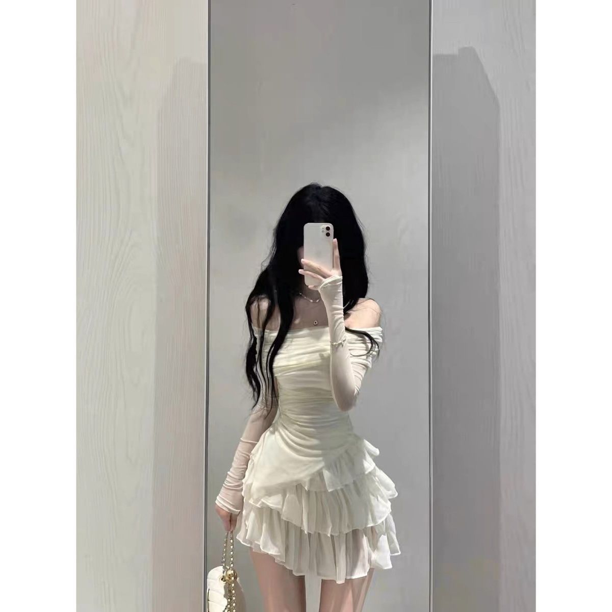 純欲甜辣套裝裙女修身顯瘦長袖一字肩上衣辣妹高腰蛋糕短裙兩件套