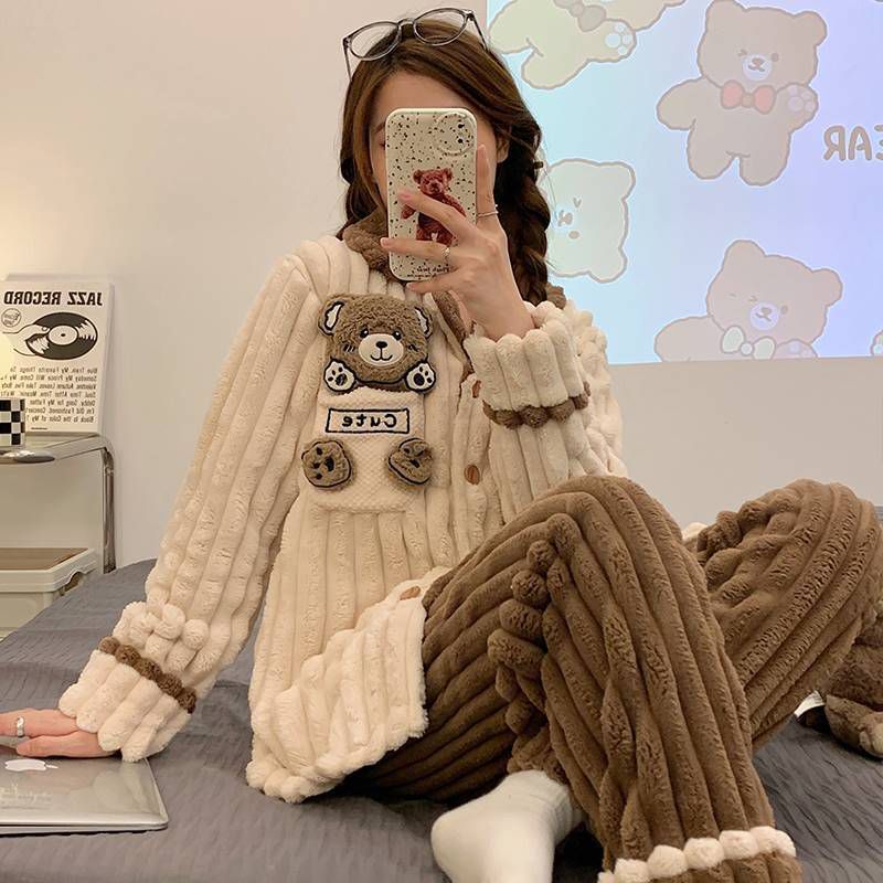 100%睡衣女士冬季加絨加厚提花絨甜美可愛網紅大碼寬鬆家居服套裝